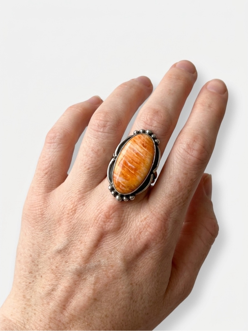 Native American Sterling Silver Orange Spiny Oyster Statement Ring - size 9.5